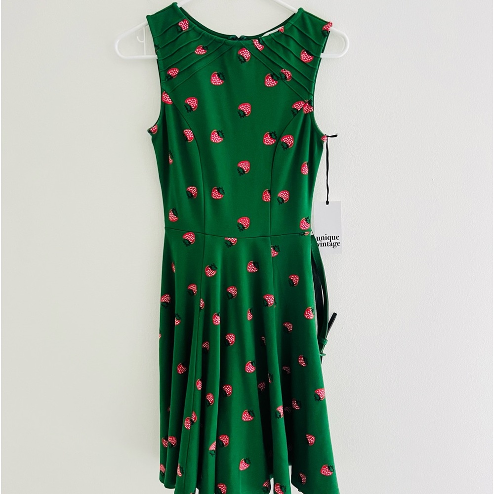 Unique Vintage Green Strawberry Print Fit Flare Mini Dress Small